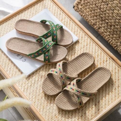 Japan Style Summer Linen slippers for Women Indoor Non-Slip Soft Household Couples Summer Sandals Home Shoes