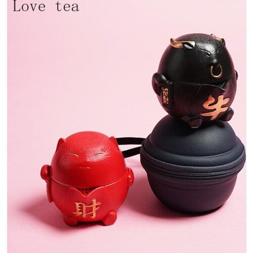 Cute Lucky Cat Coca One Pot Two Cups Portable Travel Tea Set Ceramic Outdoor Kung Fu Tea Set