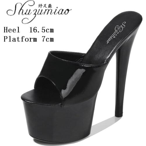 Model Sexy 17 CM Super High Heel Slides Catwalk Nightclub Thin Heel Peep Toe Large Size Womens Shoes Patent Leather Slippers