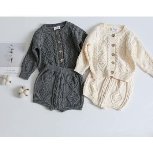 0-2Yrs Baby Girls Knitted Clothes Set Soft Thick Infant Kids Long Sleeve Cardigan Tops Shorts 2Pcs Autumn Winter Clothing Suits