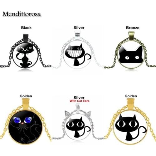 Mendittorosa Cat Kitten Vintage Jewelry With Bronze Plated Glass Cabochon Choker Long Pendant Necklace For Women Party