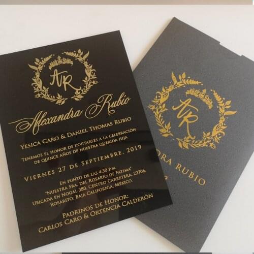 2018 free design custom gold foil acrylic card wedding invitation card with pocket envelope,black acrylic card with gold foil