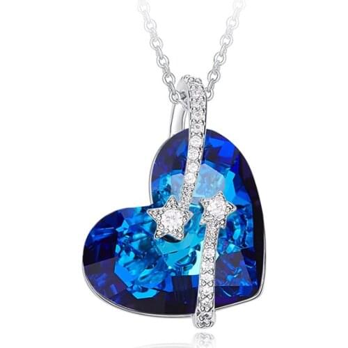 COCOM Sparkling Blue Love Heart Pendant Necklace with Austrian Crystals Womens Neck Chain Fashion Accessories Free Shipping