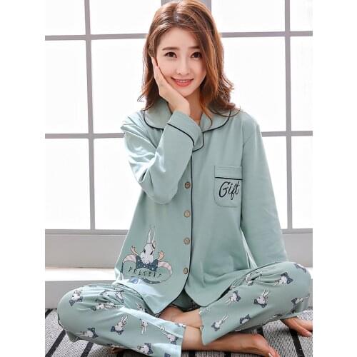Lady Cotton Pajamas Women Long Sleeve Homewear New Sexy 2pcs Sleepwear Female Pyjama Nightgowns Sleep Lounge Plus Size D-2194