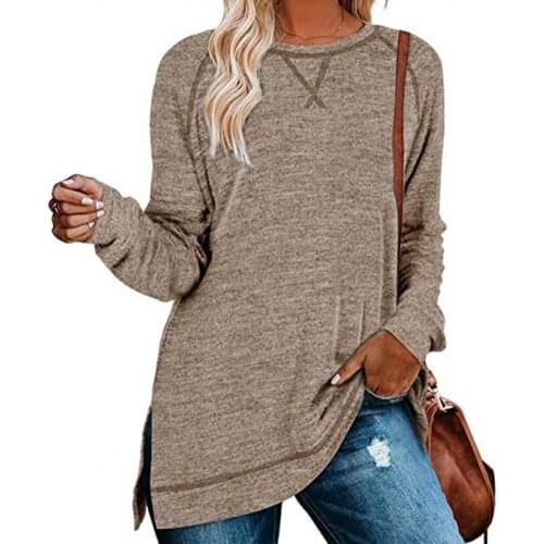 Women Loose Casual Solid Long Sleeve O-neck Sweatshirt Side Split Pullover Tops Oversized Blouses Female Tops Loose BF Style