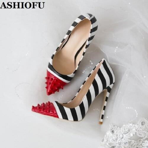 ASHIOFU Handmade Real Photos Womens High Heel Pumps Zebra-striped Party Prom Dress Shoes Rivets Spikes Toe Evening Court Shoes