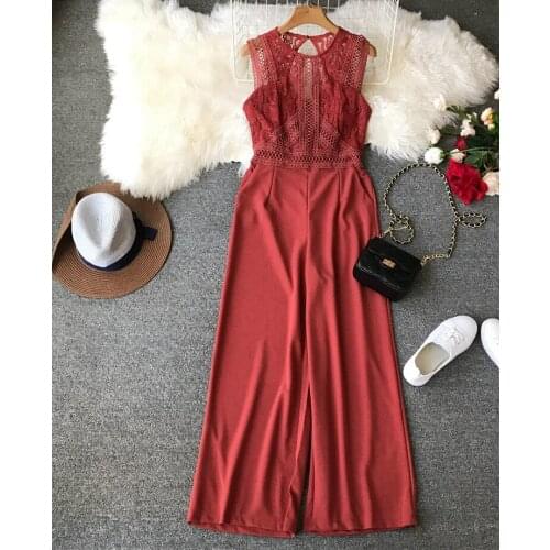 Clearance patchwork lace high waist Playsuit overalls Summer Women long Pants jumpsuit romper