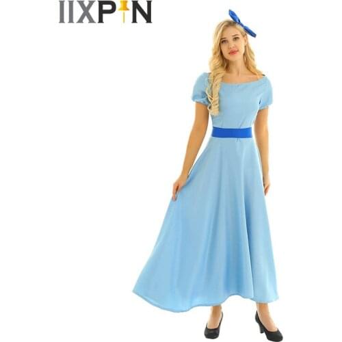 Women Halloween Cosplay Costume Wendy Dress Boat Neck Short Puff Sleeves Princess Party Fancy Maxi Dress with Headwear and Belt