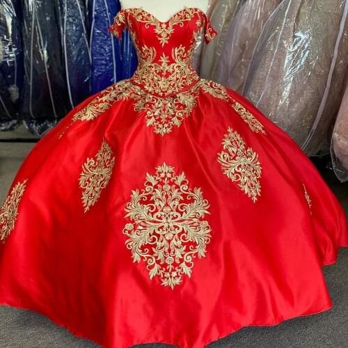 Gold/Red Satin vestidos de 15 años 2020 Puffy Embroidery Quinceanera Dress Off the Shoulder Sweet 15 Dress Long Prom Gown Custom