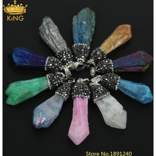 10 Color Wholesale Bulk Mystic Titanium Quartz Paved Rhinestone Stick Pointed Pendants,Natural Stone Raw Crystals Necklace KZ030
