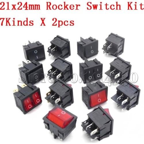 14Pcs=(1Pack) KCD5 21x24mm 21*24mm Rocker Switches Kit 4 Pin 6Pin 2 Position 3 Position 6A/12A 250VAC ON-OFF ON-OFF-ON 7Kinds
