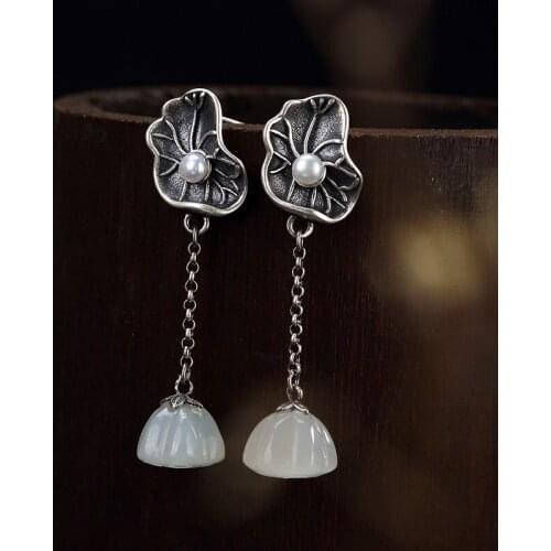 2018 Sale Earings Fashion Jewelry Pure Inlay Hetian Jade Lotus Leaf Restoring Ancient Ways Ms Pearl Pendant Earrings Wholesale