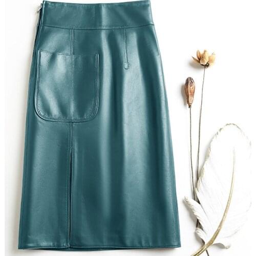 2020FW High Quality Women Sheepskin Genuine Leather Pockets Midi A-Line Skirt For Ladies 3 Color