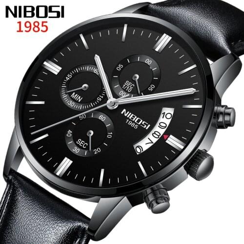 2021 NIBOSI Mens Watches Leather Strap Business Quartz Watch Fashion Casual Waterproof Chronograph Top Brand Luxury Watch Men