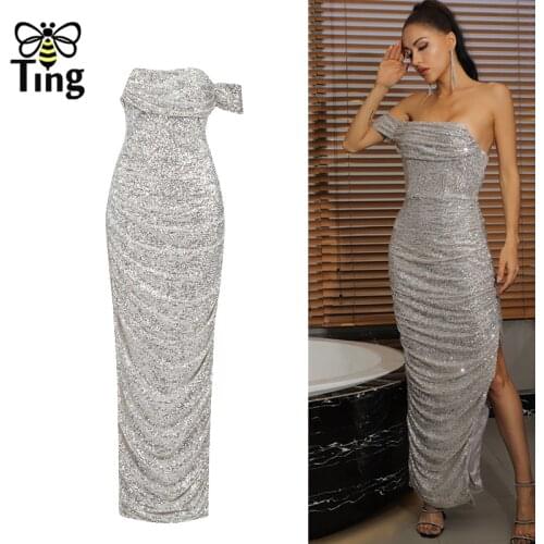 Tingfly Designer Celebrity Luxury Sequined Glitter Shiny Party Night Dresses Sexy Strapless Curve Bodycon Split Long Dress Elbis