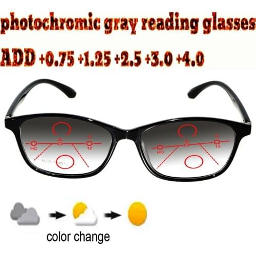 Photochromic Gray Progressive Multifocal Reading Glasses Men Woem Ultralight Black Frame+1.0 +1.5 +1.75 +2.0 +2.5 +3 +3.5 +4