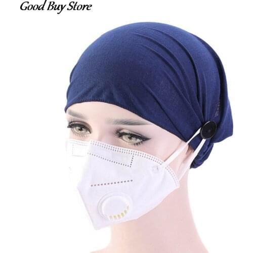 Working Hat Wrap with Button Mask Hook Hijab Women Pet Shop Sweatband Muslim Headscarf Health Service Hat Doctor Nurse Turban