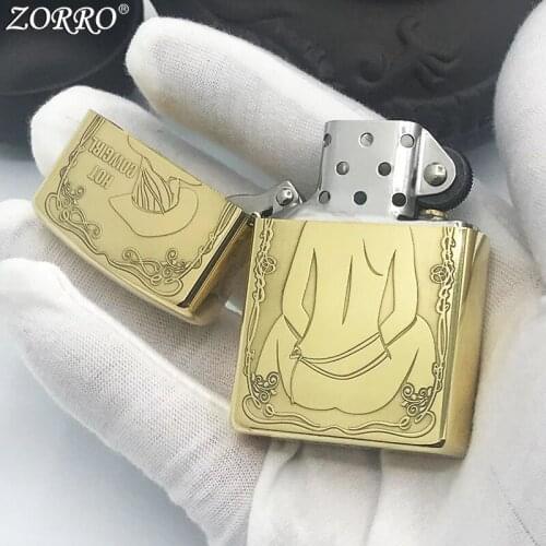 Zorro Pure Copper Kerosene Lighter Classic Carving Girl Pattern Brass Gasoline Lighter Personality Creative With Gift Box