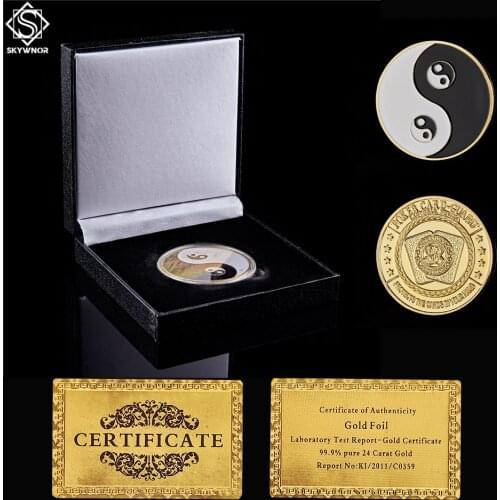 Chinese Tai Chi Black White Taoism Sign Ancient Eight Diagrams Poker Card Guard Metal Coin W/ Luxury Coin Box