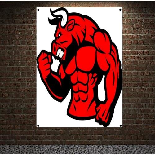 Bull Body Building Poster Wall Hanging Muscular Body Workout Banner Tapestry Wall Art Incentives Flag Painting Gym Wall Decor