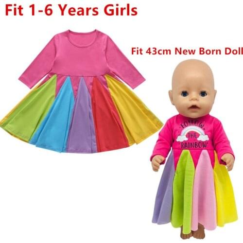 Doll and Girl Matching Pink Long Sleeve Crew Neck Color Contrast Rainbow Dress for Girls and 18" American Dolls Clothes