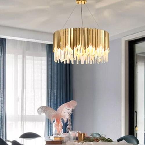 Luxury Living Room Plate Gold 304 Steel Led Pendant Lights Lustre K9 Crystal Hanging Lamp Luminaria Led Suspend Lamp Led Lampras