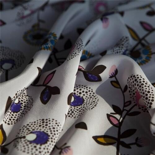 Printed floral and plants pure silk crepe de chine fabric,light purple,sewing for shirt,blouse,dress,skirt,craft by the yard
