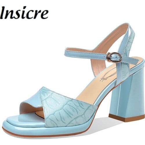 Insicre 2021 New Summer Women Chunky High Heels Sandals Fashion Square Peep Toe Genuine Leather Buckle Ankle Strap Shoes