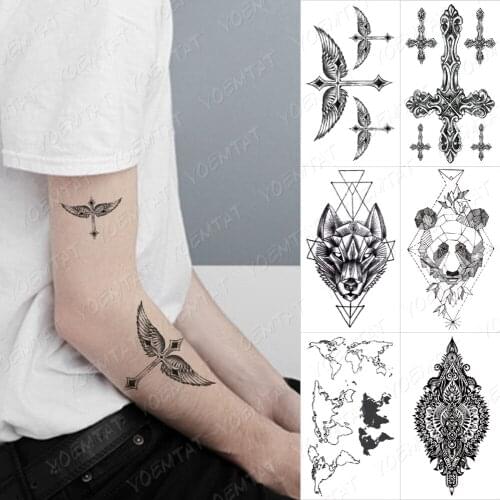 Waterproof Temporary Tattoo Sticker Cross Prayer Feather Wings Map Linear Geometric Tatoo Black Tatto Man Woman Child Tattoos