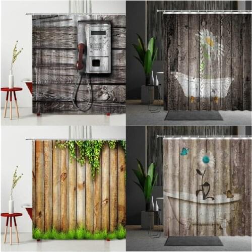Wood Grain Bath Curtains Old Fashioned Telephone Booth Flowers Multiple Size Bathtub Decoration With Hooks Curtain Hanging