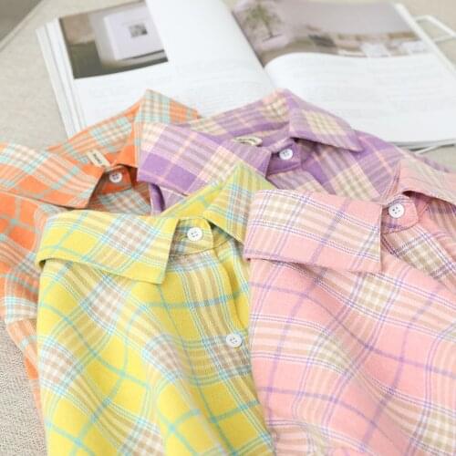 Womens Clothing Shirts Blouses Women Shirt Hipster Plaid Shirt Loose Korean Style Student Base Shirt Brushed Coat