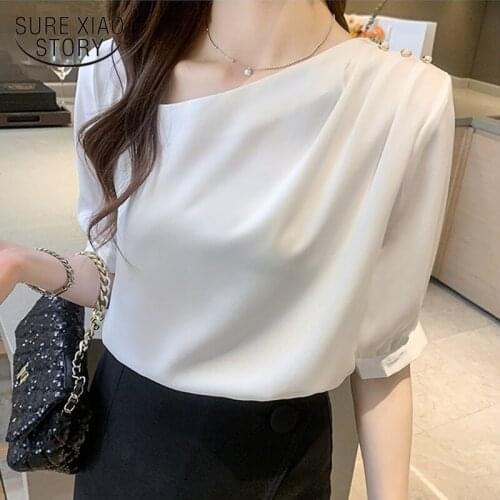 Summer 2021 Office Lady Chiffon Blouse White Summer Women Shirts Office Solid Color Fashion Womens Clothing Blusas Mujer 15048