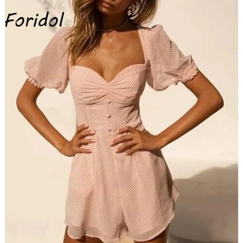 Foridol Polka Dot Pink Romper Overalls Women Puff Sleeve Button Up Chiffon Short Jumpsuit Playsuit Wide Leg Beach Summer Romper