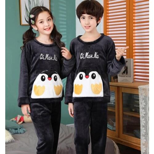 2021Boys Girls Pajamas Sets Winter Thick Warm Flannel Pyjamas Kids Cartoon Homewear Animal penguin Fleece Coral Night Sleepwear
