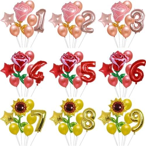 7pcs Sunflower roseflower Party Balloons Birthday Decoration Number 1 2 3 Balloon Kids Birthday Party Baby Shower Decor Globos