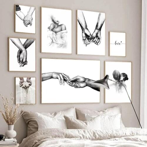 Black White Romantic Hand In Hand Canvas Painting Love Quotes Wall Art Poster Print Fashion Picture Couples Lovers Room Decor