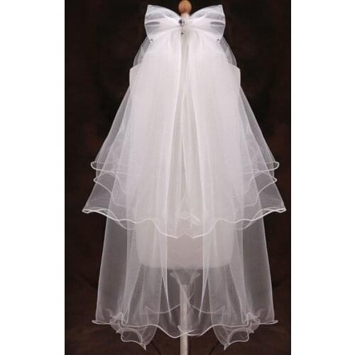Handmade Double Layer Flower Girls Wedding Veils Cute Rhinestone Bowknot Costume