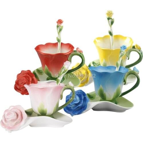 Best 3D Rose Shape Flower Enamel Ceramic Coffee Tea Cup and Saucer Spoon High-grade Porcelain Cup Creative Valentine Gift Design