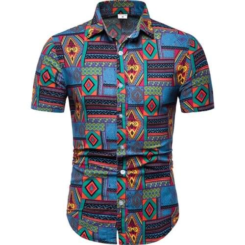 Best Sale Summer Plus size Men African Style Ethnic Floral Printed Beach Wear Short Sleeve Shirt