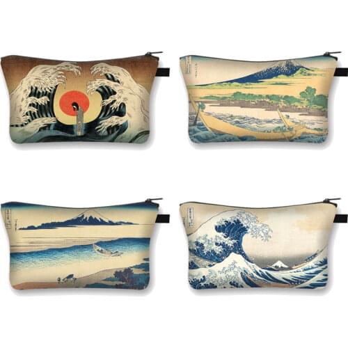 Art Cosmetic Bag Women Fashion Makeup Bag Sea Wave / Sailboat / Volcano Lady Cosmetic Case For Travel Storage Bag