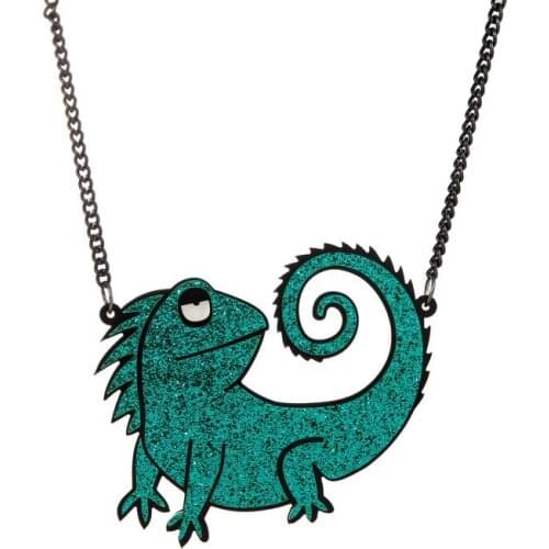 Personality Exaggerated Big Chameleon Pendants Necklaces For Women Aluminum Chain Green Glittery Acrylic Necklace Jewelry N20001