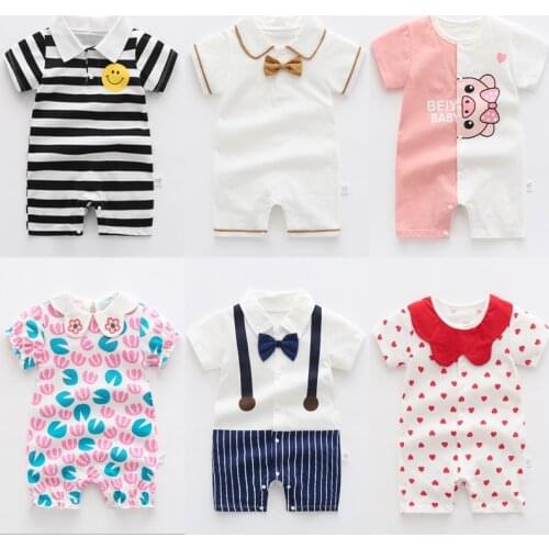 Baby boy girls summer short sleeve jumpsuit unisex new born cartoon clothes turn-down collar cotton 0-24m home sleep suit 2021