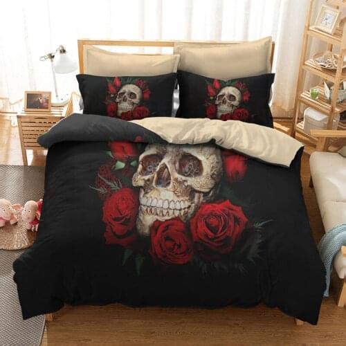 3D Skull Bedding Set Queen Size 3 Pcs,Skull With Red Flowers Bedding Luxury housse de couette Skull Duvet Cover Set + Pillowcase