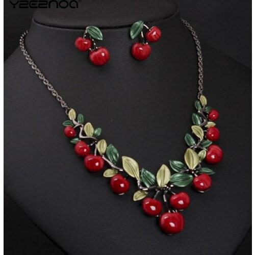 Trendy Women Party Jewelry Set Cherry Leaf Shape Sweet Female Stud Earring Choker Statement Necklace Collar