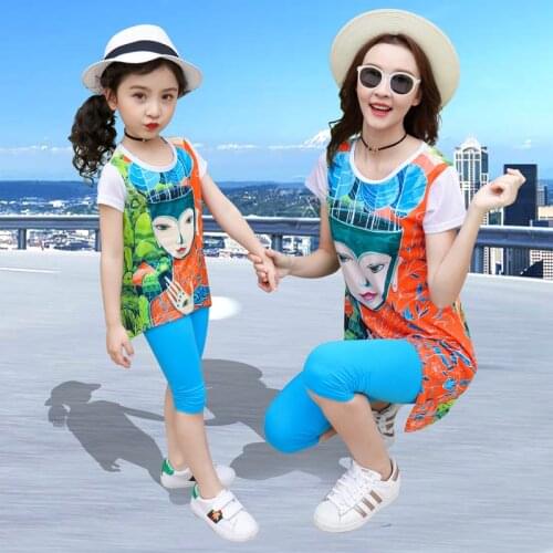 Mom Daughter Cartoon Beauty Print Dress Blue Leggings Suit Children Cotton Clothes Girl Fast Dry Holiday Set Women Holiday Suit