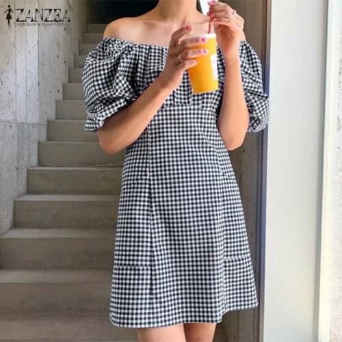 ZANZEA 2021 Casual Off Shouder Dress Elegant Womens Check Sundress Puff Sleeve Mini Vestidos Female Plaid Robe Femme