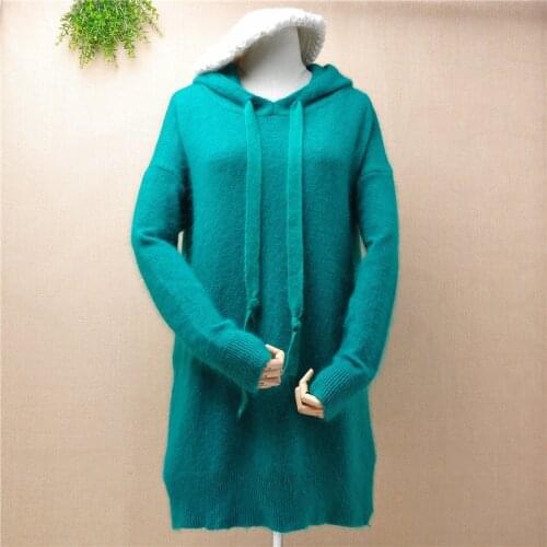 Casual fashion ladies women hairy angora rabbit fur knitted hooded long loose pullover winter warm mink cashmere jumper sweater