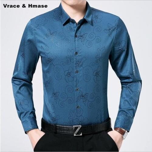 Chinese style embossed floral pattern printing boutique long sleeve shirt Spring&Autumn New silk cotton quality shirt men M-XXXL