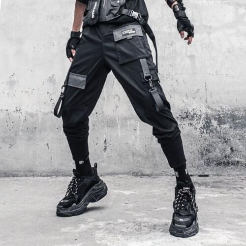 HOUZHOU Black Cargo Pants Men Joggers Techwear Cargo Trousers Male Autumn Japanese Streetwear Hip Hop Gothic Spliced Ribbons