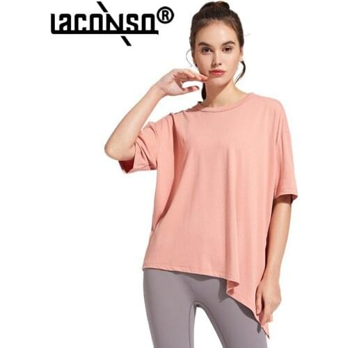 LACONSO Sports Top Womens Short-Sleeved Loose Yoga Irregular Running Quick-Drying Clothes Strapping Fitness T-Shirt Gym